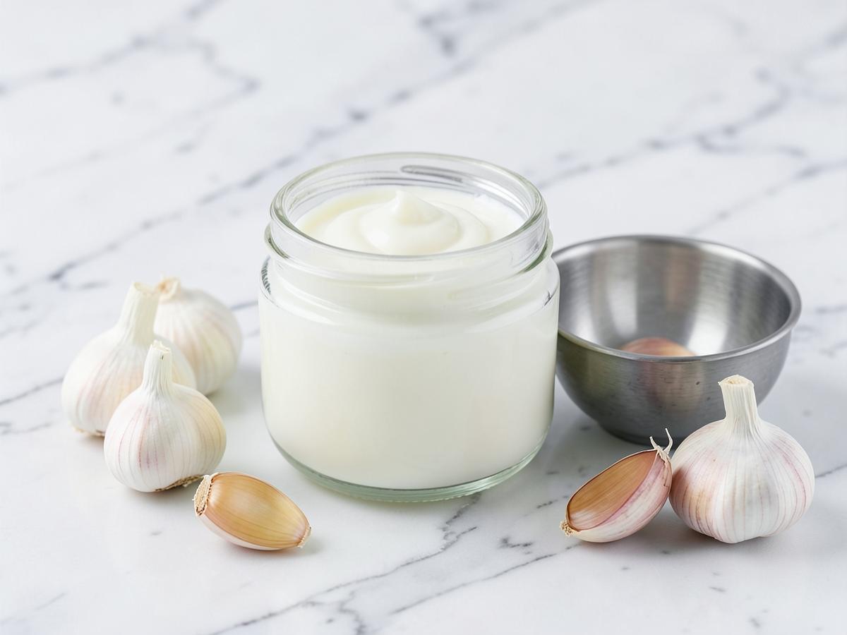 Garlic paste in a glass jar with fresh garlic cloves alongside