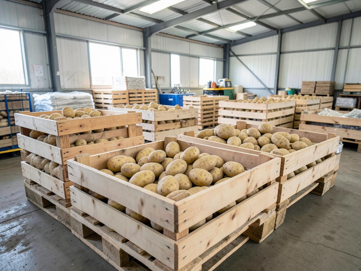 Fresh washed potatoes in wooden crates in an export packhouse